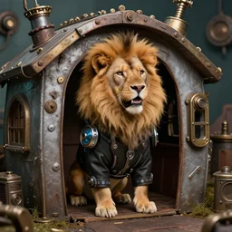 a dog with a lions mane mohawk wearing cyberpunk clothes in a steampunk dog house, 8 k hd photo realistic