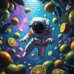 a digital painting of an astronaut!!!!!! floating in a bright colorful alien ocean surrounded by limes!!!!!!, sharp focus, retro futuristic, 8 k, highly detailed, lovecraftian by tim shumate