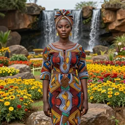 hyper realistic portrait of beautiful african igbo woman standing in an expansive flower garden with rocks, waterfall and lots of space, perfect face, fine details, colorful patterns, studio lighting, subtle shadows, art by tim okamura and karol bak, canon eos r 3, f / 1. 4, iso 2 0 0, 1 / 1 7 0 s, 8 k, raw, unedited, in - frame