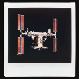 aged polaroid photo of the international space station, wide view, film grain, red color bleed