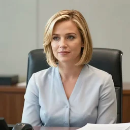 film still of brittany murphy sitting in office, short blonde hair, beautiful face, wearing shirt, realistic proportions, ink, black and white, illustration, cinematic composition, lineart, clean lines, sean phillips