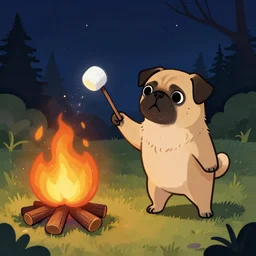 a puggle roasting a marshmallow over a campfire, at night, cartoon illustration