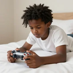 lanky black stoner with bad haircut, sulking in bed playing a video game because he's a moron husband, drawn by r. crumb