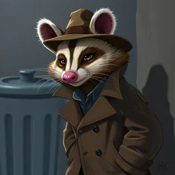 possum wearing a trenchcoat and french mustache, looking suspicious, next to a trash can, 4 k, trending on artstation