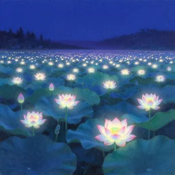 a landscape pastel in the style of noriyoshi ohrai of a field of lotus flowers, glowing with iridescent mana, night time early dawn. key art. 4 k retrofuturistic fantasy