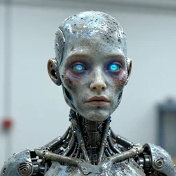 photo taken of an epic intricate, ultra detailed, super realistic gritty, wet, lifelike sculpture of an female humanoid android creature with bioluminescent coloured patches of skin and pupils, created by weta workshop, zoomed in shots, subsurface scattering, photorealistic, sharp focus, white wall coloured workshop, cold colour temperature, f 0. 4, face centred, golden ratio,