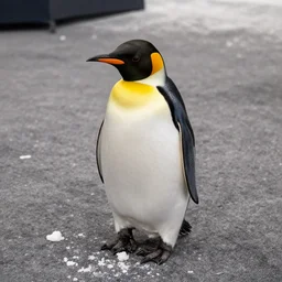 penguin standing on a carpet floor with bits of snow on the ground