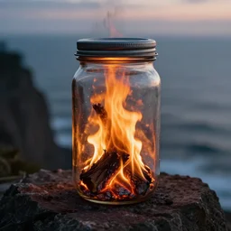 tree burning inside a glass jar, standing on a cliff, bokeh, ocean in the background, metal lid, dramatic lighting, ember, small flames, hyperrealistic, volumentric lighting, highly detailed