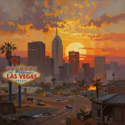 a post apocalyptic mankato cityscape after a nuclear war, las vegas sign visible, beautiful radioactive sunset lighting, beautiful painting, fallout new vegas, painted by albert bierstadt