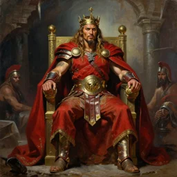 beautiful portrait oil painting, jason momoa conan the barbarian standing in a dungeon wearing a crown and royal crimson spartan armor enthroned as the god emperor of ancient rome, action pose, frank frazetta, boris vallejo, greg rutkowski, beautiful cinematic light, american romanticism, by thomas lawrence, greg rutkowski