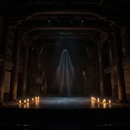 photograph of a haunted noh theater stage, architectural shot, ghostly, creepy, dark, foreboding, dread, candlelight, low light