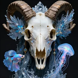 classical dicroic goddess phoenix macro close - up portrait with mask made of ram skull. betta fish, jellyfish phoenix, bioluminiscent, plasma, ice, water, wind, creature, super intricate ornaments artwork by tooth wu and wlop and beeple and greg rutkowski