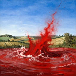 a tidal wave of bright red blood spilling out over a countryside, blue skies, painted by Hieronymus Bosch