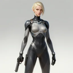 a digital concept art by artgerm and greg rutkowski and alphonse mucha. clear portrait of 2 b nier automata in a skintight suit holding a gun!! hyper detailed, character concept, full body!! dynamic pose, glowing lights!! intricate, elegant, highly detailed, digital painting, artstation, concept art, smooth, sharp focus, illustration