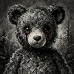 dark art cartoon grunge drawing of a teddy bear with bloody eyes by tim burton - loony toons style, horror theme, detailed, elegant, intricate