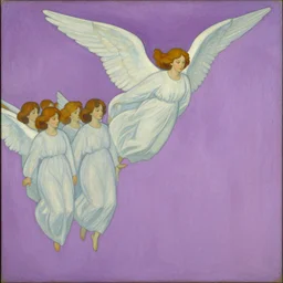 vision of angels - a painting of a single angel flying in the sky, with a group of angels flying behind it by harry clarke and jane graverol, style of lilac