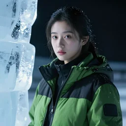 human made of ice, wearing a green - black jacket