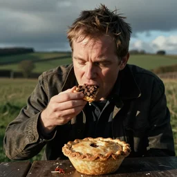 Tim Burgess eating a meat-free pie