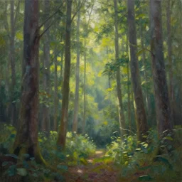 An oil painting of an intensely beautiful forest in the morning with vertical trees; rays of light coming through the canopy; trending on artstation; extraordinary masterpiece!!!!!!