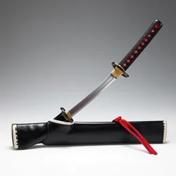 a photo of a black and red katana, with the blade half way in a black and white sheathe, studio lighting, product photo
