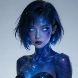 A realistic anime portrait of a beautiful cosmic woman with glowing blue eyes and cosmic skin wearing clothes made of universes, digital painting, by Stanley Artgerm Lau, Sakimichan, WLOP and Rossdraws, digtial painting, trending on ArtStation, SFW version