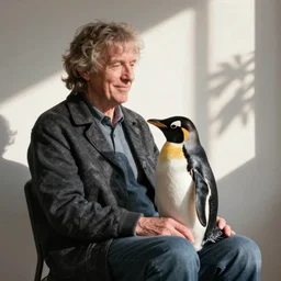 linus torvalds petting a penguin in his lap