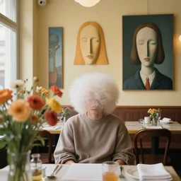 person chill in restaurant, color and shape focus, natural light, bloom, puff, by simon stalenhag and rene magritte and anton fadeev