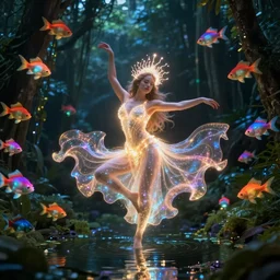 ethereal glowing goddess dancing on a pond in the jungle surrounded by colorful glowing flying fish at night cinematic by Ridley Scott