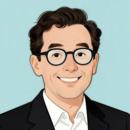 man with glasses, dark short curly hair smiling, illustration in the style of quentin blake