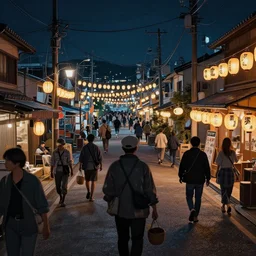 style : disco elysium. composition : long shot, waist level ; low angle. key words : digital art ; detailed ; 4 k. scenery : a busy japanese harbor. subject : fishermen are wandering around. details : at night ; lanterns in the streets.