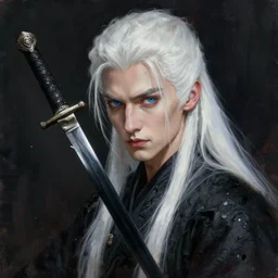 fantasy painting of a long-haired albino with a black blade, painted by Bayard Wu, ultra detailed, 8k
