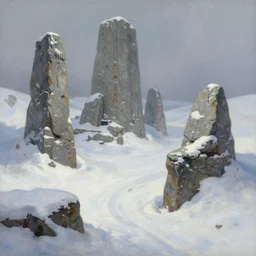 stone ruins from an alien civilization, part buried in the snow. beautiful painting by artgerm and greg rutkowski and magali villanueve