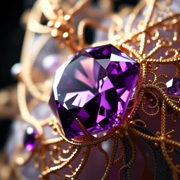 diamond and amethyst blending into strands of gold and brass and iron metal filigree, weaving into carbon fiber strands, fractal shapes, abstract, dramatic lighting, ultra detail, close up, dof, smooth render, cinematic, octane render, art nouveau