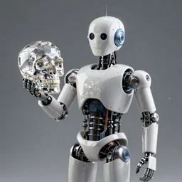 photo of a humanoid robot holding a crystal skull