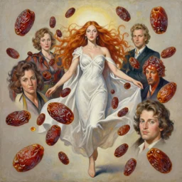 epic painting of flying dried dates portrait of beautiful goddess surrounded by amy leibowitz, wlop, jeremy lipkin, beeple, intricate, artgerm, ilya kuvshinov