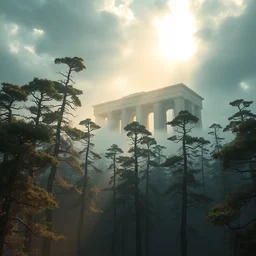 brutalist concrete in the distance with a foreground of tall swirling spiral vortex trees, dramatic lighting, mist, hyper detailed, digital art, trending on artstation, cinematic lighting, smooth render, octane render, art style by ruan jia and greg rutkowski and peter mohrbacher and wlop and krenz cushart