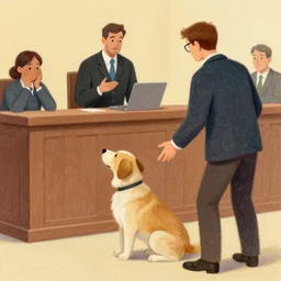 an illustration of a dog accused inside a court, tribunal, a lawyer trying to defend him, pastel colors, 8 k, ultra detailed,