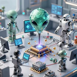innovation lab in 2 0 3 0, computers, alien artefacts, ai, instruments, microchips, robots, complex 3 d render, hyper detailed, ultrasharp