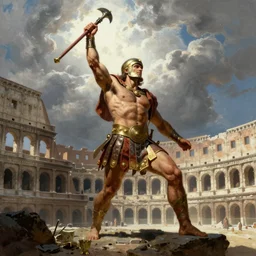 a victorious gladiator defies the heavens, colosseum arena scene, by frank frazetta