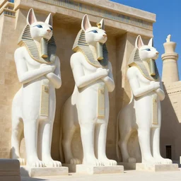 A beautiful illustration of an Egyptian city guarded by massive statues of anthropomorphic Feline gods by Robert McCall and Ralph McQuarrie | sparth:.2 | Time white:.2 | Rodney Matthews:.2 | Graphic Novel, Visual Novel, Colored Pencil, Comic Book:.1 | unreal engine:.3 | first person perspective | viewed from below | establishing shot:.7