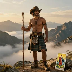 a full - body portrait by greg rutkowski and albert bierstadt of a handsome shirtless desi hiker smiling gently. he is wearing a kilt and cowboy hat. he is holding a wooden staff. background is epic mountains and clouds. homoerotic, highly detailed, golden hour lighting, dramatic, ethereal, dreamlike, tarot card. trending on artstation