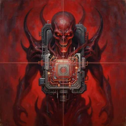 grim oil painting of evil and unfriendly sentient ai machine core, symmetrical, golden ration, red color scheme, realistic shaded lighting, octaine rendering, wallpapper, magali villeneuve, trending on artstation
