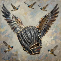 a baseball glove with wings flying with birds, oil on canvas, portrait, intricate, 8k highly professionally detailed, HDR, CGsociety
