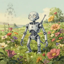 a mechanical blueprint of a lovecraftian mechanized funny creature in the meadow full of huge flowers, wide shot,, muted colors, post grunge, studio ghibli, hq, art by artgem