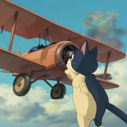 a wholesome animation key shot of a cat looking a biplane! in the sky, medium shot, studio ghibli, pixar and disney animation, sharp, rendered in unreal engine 5, anime key art by greg rutkowski, bloom, dramatic lighting