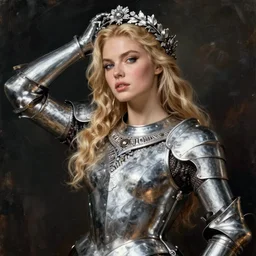 beautiful rugged sultry thick saoirse ronan, blonde hair, wearing silver armour, posing seductive, ornate silver wreath, oil painting by titian, hard focus, portrait