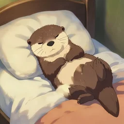 Rendering of a sleepy otter in a bed，by Makoto Shinkai and thomas kinkade, Matte painting,trending on artstation and unreal engine