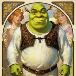 yann lecun impersonated as shrek, in art style by alphonse mucha