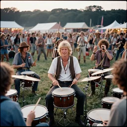 photo of geert wilders in a drum circle at the 1 9 6 9 woodstock festival shot on 1 6 mm eastman 7 2 5 4 film at magic hour