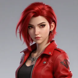 a girl with short red hair, cool, vi from arcane, league of legends, fighter, cool red jacket, tattoo, beautiful, 3 d, potrait, art staion, studio light, closeup shot, octane render, wlop - n 9